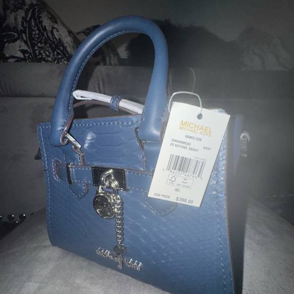 Michael Kors Hamilton XS Navy Snake Satchel Crossbody Bag Women's Purse - Picture 3 of 3
